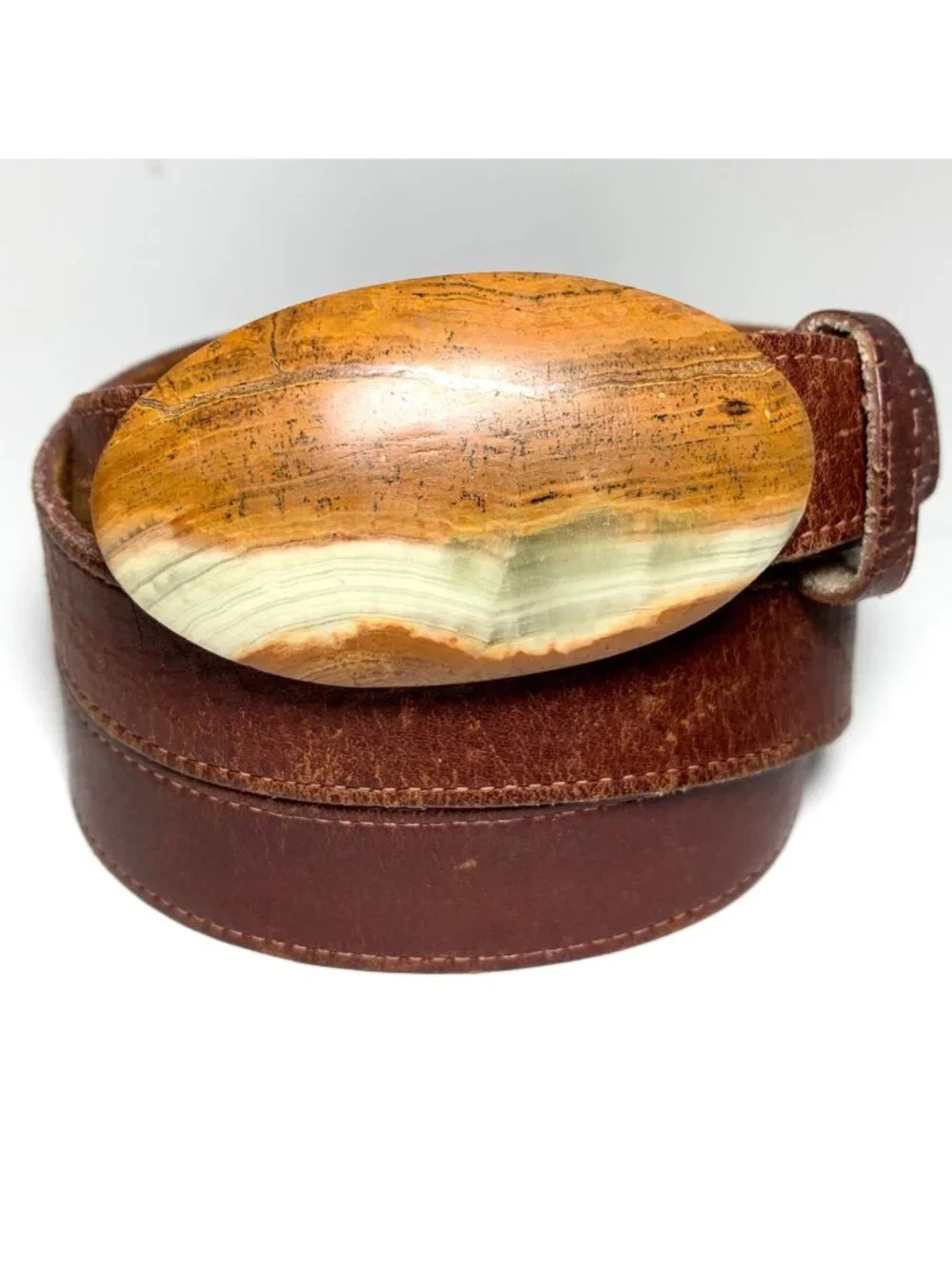 Vintage Genuine Leather Western Boho Belt Banded Agate Onyx Stone Buckle 29-34